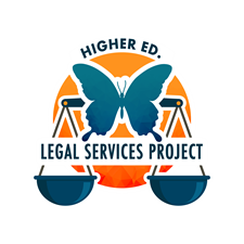 Monarch butterfly between legal scales with phrase: Higher Ed. Legal Services Project