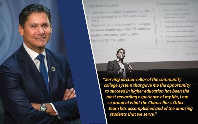 Portrait photo of Chancellor Eloy Ortiz Oakley and a quotation over text "Serving as chancellor of the community college system that gave me the opportunity to succeed in higher education has been the most rewarding experience of my life,” Oakley said. “I am so proud of what the Chancellor's Office team has accomplished and of the amazing students that we serve. I am forever grateful to Gov. Newsom, former Gov. Jerry Brown, and the members of the Board of Governors for the opportunity and the privilege to serve the California community colleges and the great State of California."