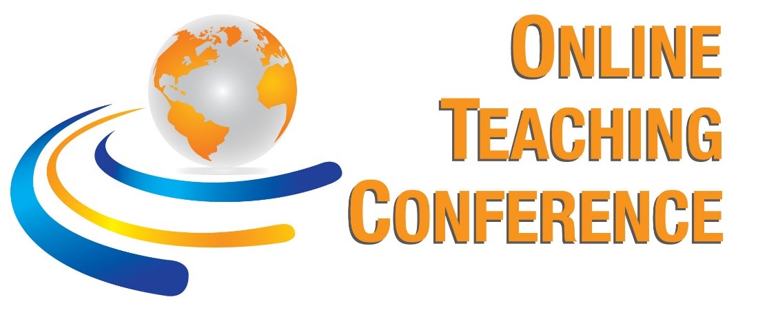 illustration of two blue lines and one yellow line and a white globe with golden land and the words Online Teaching Conference