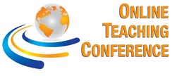 illustration of two blue lines and one yellow line and a white globe with golden land and the words Online Teaching Conference