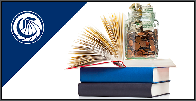 CCC logo and stack of three books with top book open and a jar on top