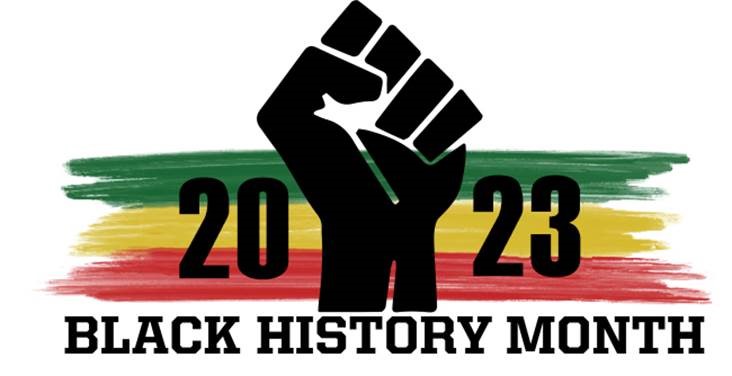 2023 Black History Month raised fist green yellow and red stripes