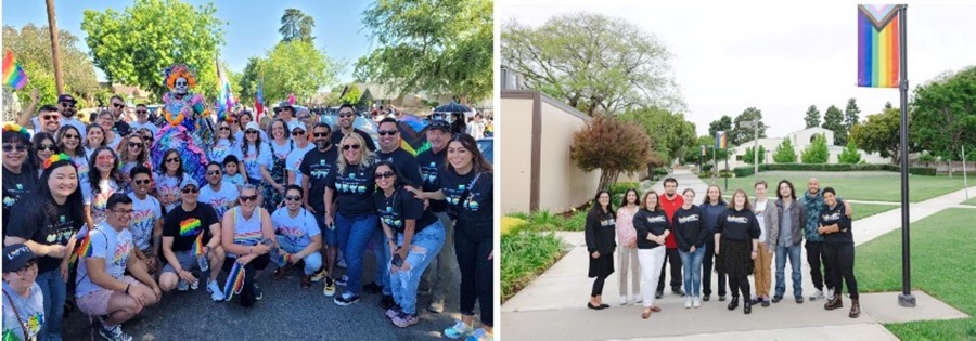 Left: State Center Community College District students participate in Fresno Rainbow Pride Parade. Right: Allan Hancock College raised the LGBTQIA+ flag.