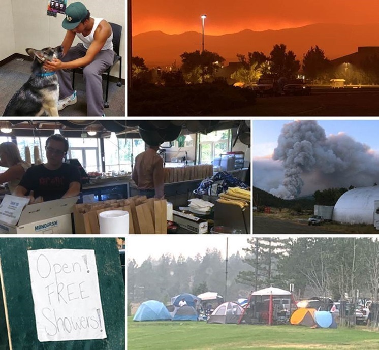 The Dixie Fire, the largest wildfire in California history, is burning near Feather River College and Lassen Community College. Both colleges are serving their  communities during this crisis by providing space, food and amenities for evacuees and helping ease stress and anxiety with puppy therapy.  (Photos courtesy of Feather River College and Lassen Community College.)