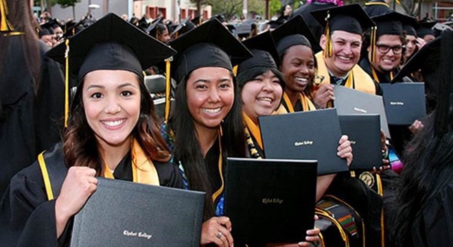 students in graduation gowns and caps holding diplomas