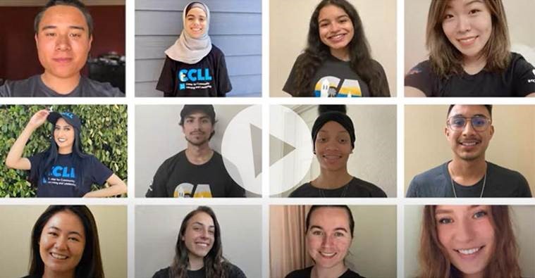 Twelve student faces in boxes facing the viewer and an arrow ot start a video playing