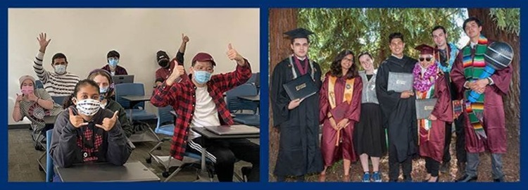 Photo one students in classroom wearing masks and raising hands. Photo two students in graduation gowns