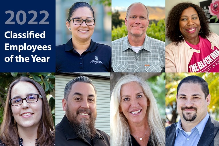 2022 Classified Employees of the Year. Clockwise from top left: Angie Alvarez, Pasadena City College; John Vandercook, De Anza and Foothill colleges; Carolyn Scott, Las Positas College; Mark Stramaglia, MiraCosta College; Mara Rodriguez, Moorpark College; Armando Trujillo, Bakersfield College and Katie Cabral, Cuyamaca College.