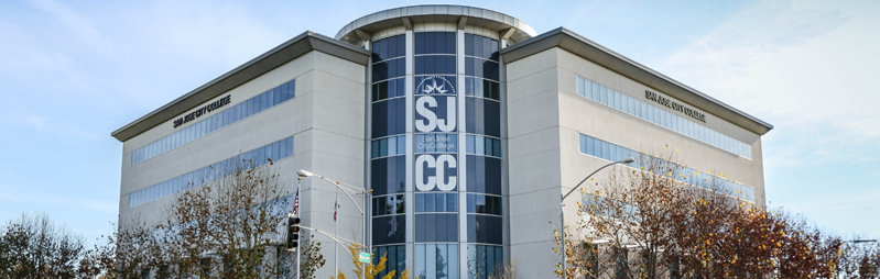 Photo of san Jose City College entrance building with letters SJCC on building