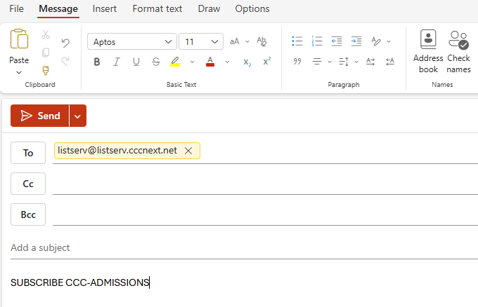 Blank email sample for listserv request