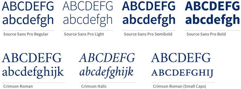 Samples of the font styles Source Sans Pro Regular, Source Sans Pro Light, Source Sans Pro Semibold, Source Sans Pro Bold, Crimson Roman, Crimson Italic, Crimson Roman (small caps)